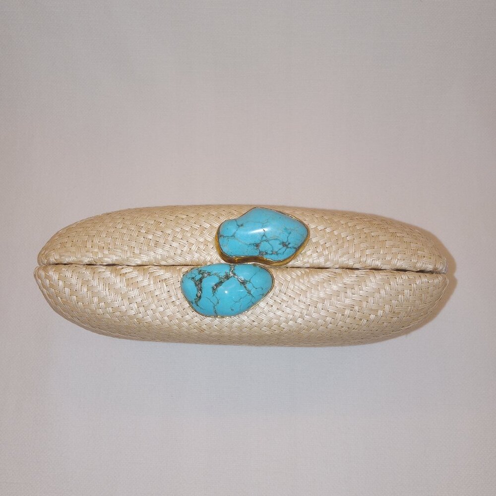 Kayu Jen Straw Clutch/Shoulder Bag With Turquoise Stone Toast/Natural NWOT - Picture 2 of 16